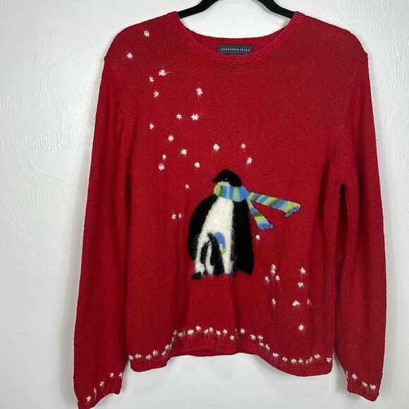Northern Isles Red Christmas Penguin Holiday Pullover Sweater Size L - Picture 1 of 9